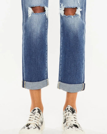 Kancan High Waist Distressed Hem Detail Cropped Straight Jeans - THE AMERICAN BLUE