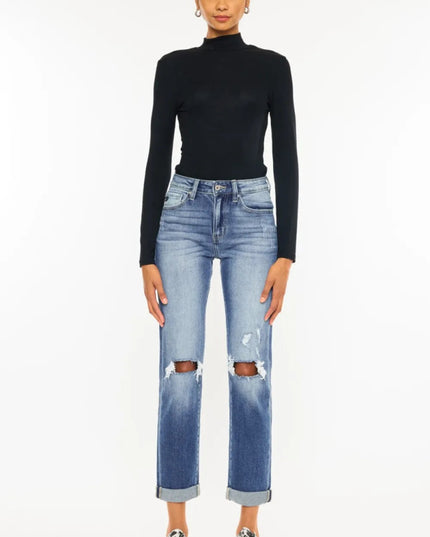Kancan High Waist Distressed Hem Detail Cropped Straight Jeans - THE AMERICAN BLUE