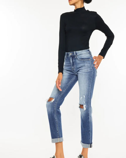 Kancan High Waist Distressed Hem Detail Cropped Straight Jeans - THE AMERICAN BLUE