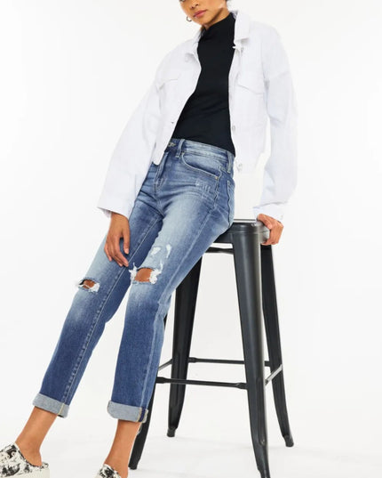 Kancan High Waist Distressed Hem Detail Cropped Straight Jeans - THE AMERICAN BLUE