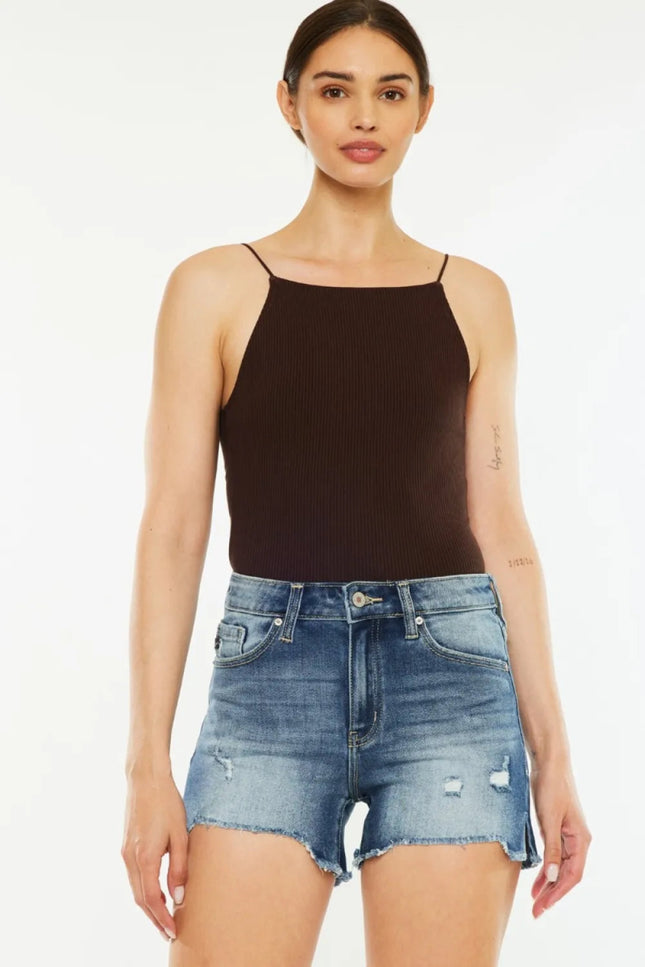 Kancan High Waist Raw Hem Denim Shorts - THE AMERICAN BLUE