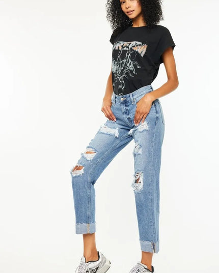 Kancan Mid Rise Distressed Boyfriend Fit Jeans - THE AMERICAN BLUE