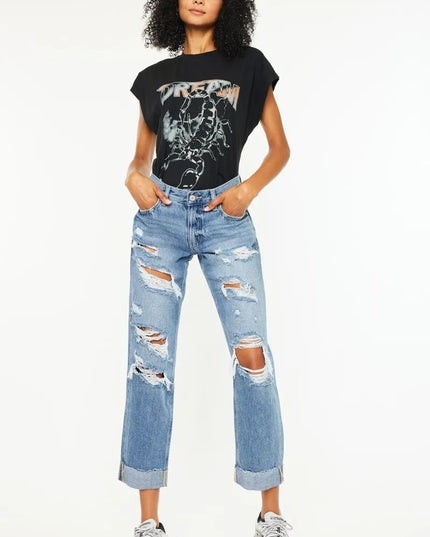 Kancan Mid Rise Distressed Boyfriend Fit Jeans - THE AMERICAN BLUE