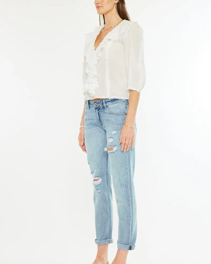Kancan Mid Rise Distressed Boyfriend Fit Jeans - THE AMERICAN BLUE