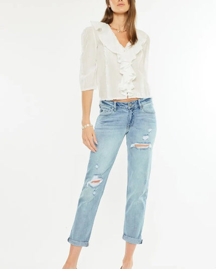 Kancan Mid Rise Distressed Boyfriend Fit Jeans - THE AMERICAN BLUE