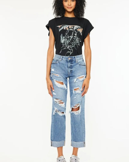 Kancan Mid Rise Distressed Boyfriend Fit Jeans - THE AMERICAN BLUE