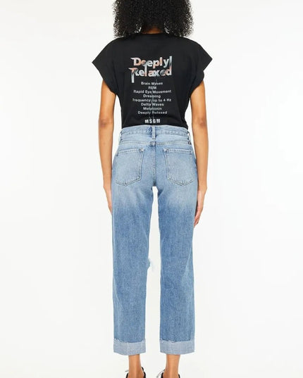 Kancan Mid Rise Distressed Boyfriend Fit Jeans - THE AMERICAN BLUE