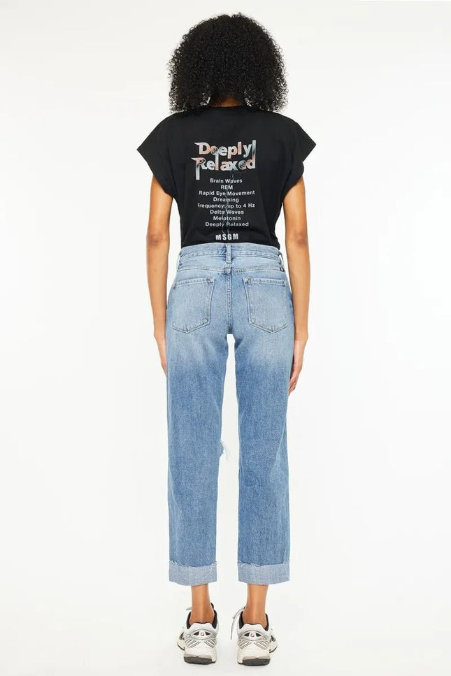Kancan Mid Rise Distressed Boyfriend Fit Jeans - THE AMERICAN BLUE