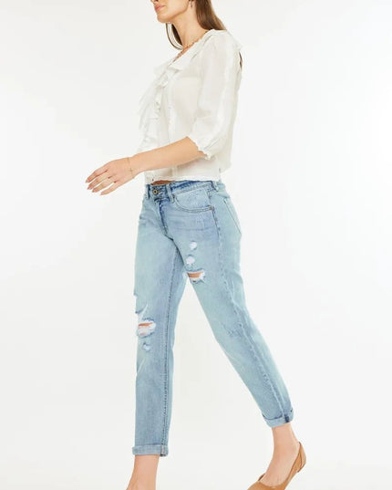 Kancan Mid Rise Distressed Boyfriend Fit Jeans - THE AMERICAN BLUE