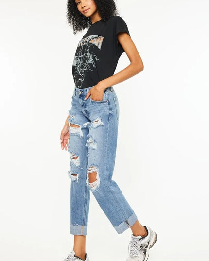 Kancan Mid Rise Distressed Boyfriend Fit Jeans - THE AMERICAN BLUE