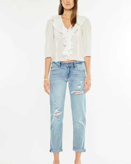 Kancan Mid Rise Distressed Boyfriend Fit Jeans - THE AMERICAN BLUE