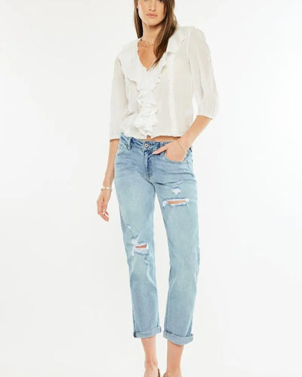 Kancan Mid Rise Distressed Boyfriend Fit Jeans - THE AMERICAN BLUE