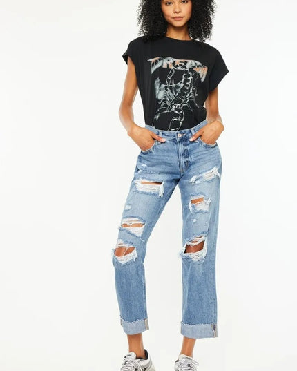 Kancan Mid Rise Distressed Boyfriend Fit Jeans - THE AMERICAN BLUE
