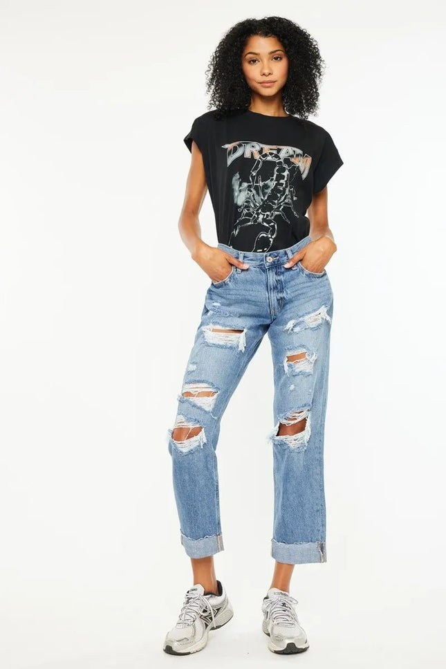 Kancan Mid Rise Distressed Boyfriend Fit Jeans - THE AMERICAN BLUE