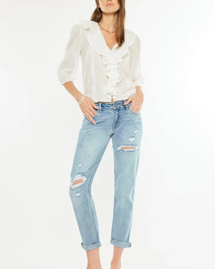 Kancan Mid Rise Distressed Boyfriend Fit Jeans - THE AMERICAN BLUE
