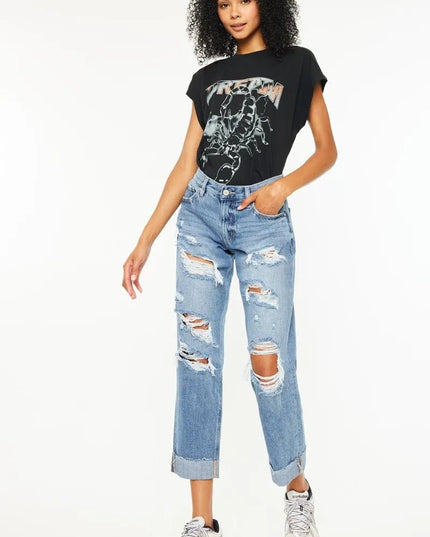 Kancan Mid Rise Distressed Boyfriend Fit Jeans - THE AMERICAN BLUE