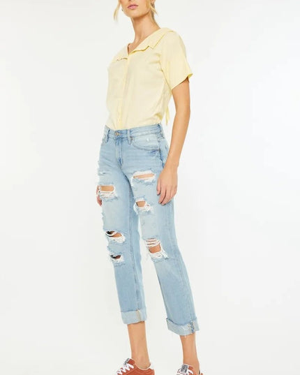 Kancan Mid Rise Distressed Boyfriend Jeans - THE AMERICAN BLUE