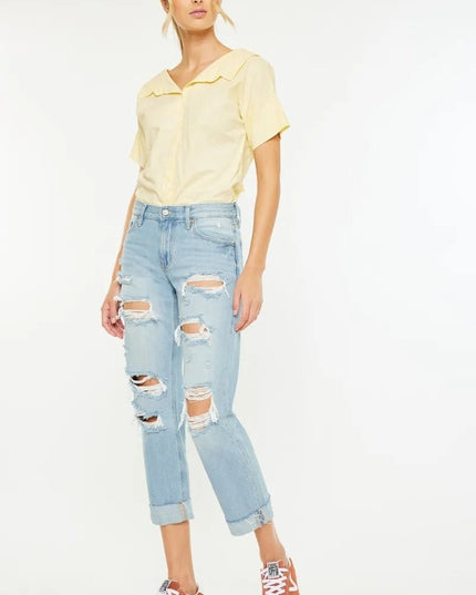 Kancan Mid Rise Distressed Boyfriend Jeans - THE AMERICAN BLUE