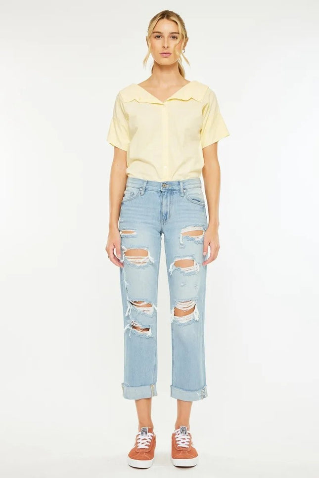 Kancan Mid Rise Distressed Boyfriend Jeans - THE AMERICAN BLUE