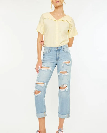 Kancan Mid Rise Distressed Boyfriend Jeans - THE AMERICAN BLUE