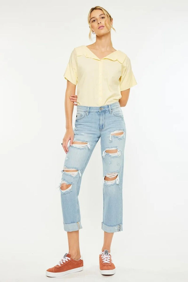 Kancan Mid Rise Distressed Boyfriend Jeans - THE AMERICAN BLUE