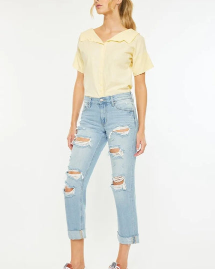Kancan Mid Rise Distressed Boyfriend Jeans - THE AMERICAN BLUE