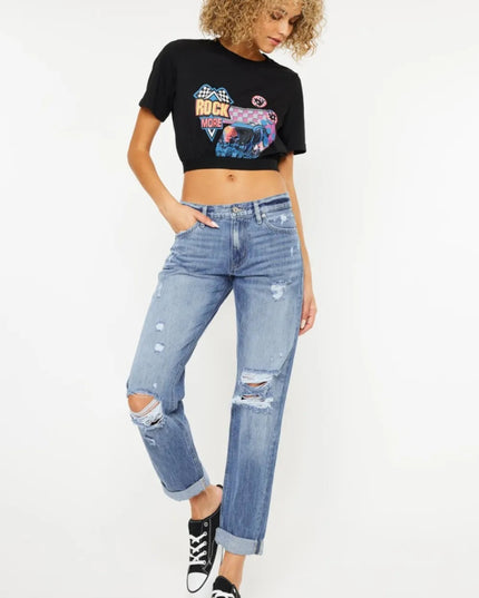 Kancan Mid Rise Distressed Straight Jeans - THE AMERICAN BLUE