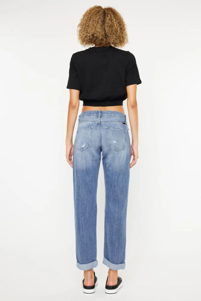 Kancan Mid Rise Distressed Straight Jeans - THE AMERICAN BLUE