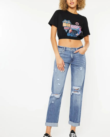 Kancan Mid Rise Distressed Straight Jeans - THE AMERICAN BLUE