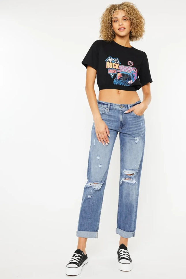 Kancan Mid Rise Distressed Straight Jeans - THE AMERICAN BLUE