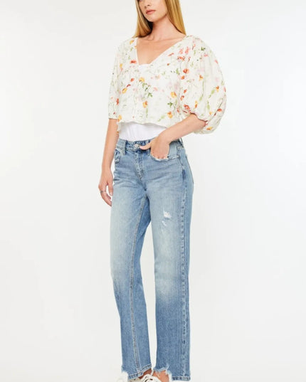 Kancan Mid Rise Frayed Hem Straight Jeans - THE AMERICAN BLUE