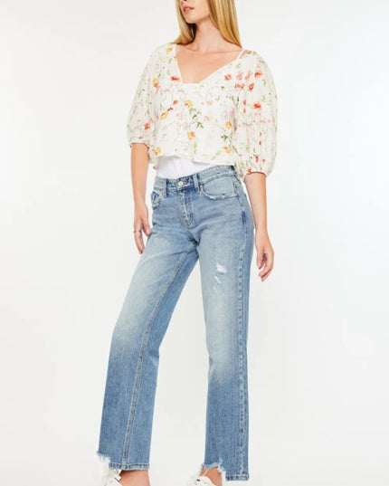 Kancan Mid Rise Frayed Hem Straight Jeans - THE AMERICAN BLUE