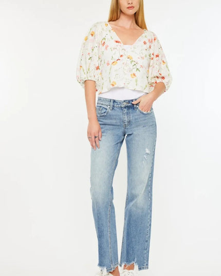 Kancan Mid Rise Frayed Hem Straight Jeans - THE AMERICAN BLUE