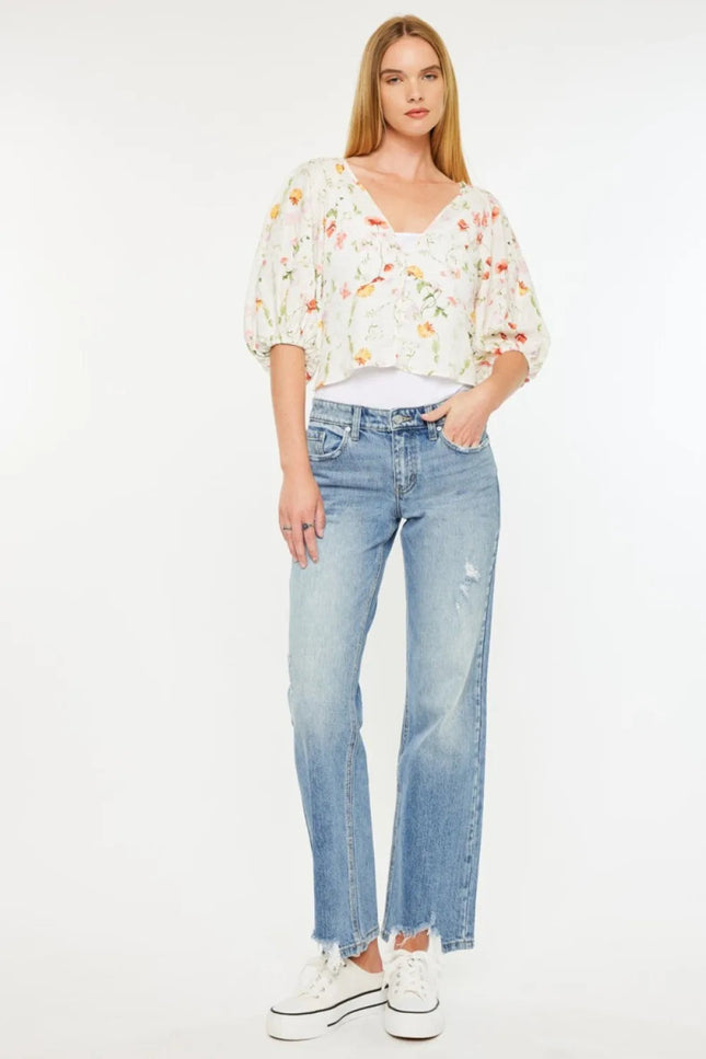 Kancan Mid Rise Frayed Hem Straight Jeans - THE AMERICAN BLUE