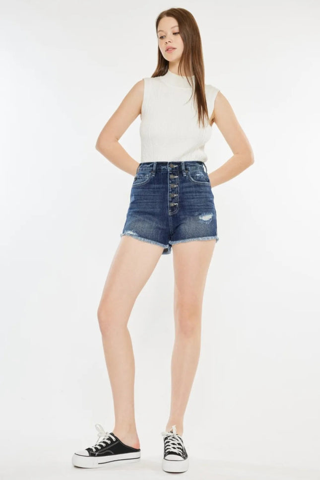Kancan Raw Hem Button Fly Denim Shorts - THE AMERICAN BLUE