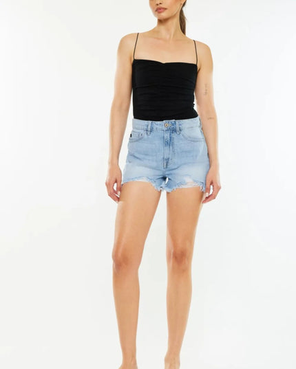 Kancan Raw Hem Distressed High Waist Denim Shorts - THE AMERICAN BLUE