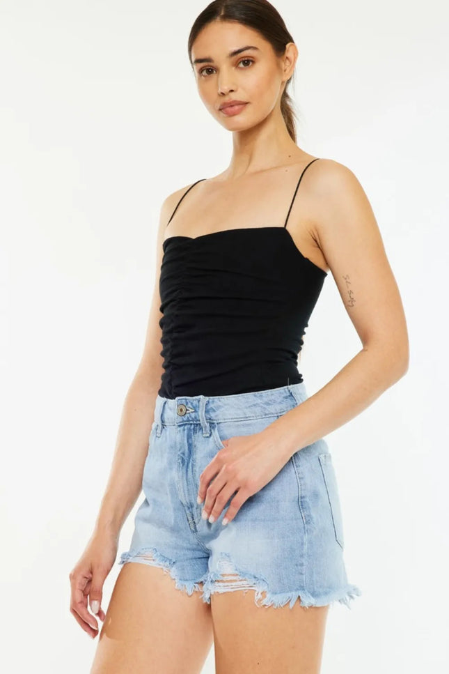 Kancan Raw Hem Distressed High Waist Denim Shorts - THE AMERICAN BLUE