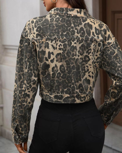 Leopard Button Up Cropped Denim Jacket - THE AMERICAN BLUE