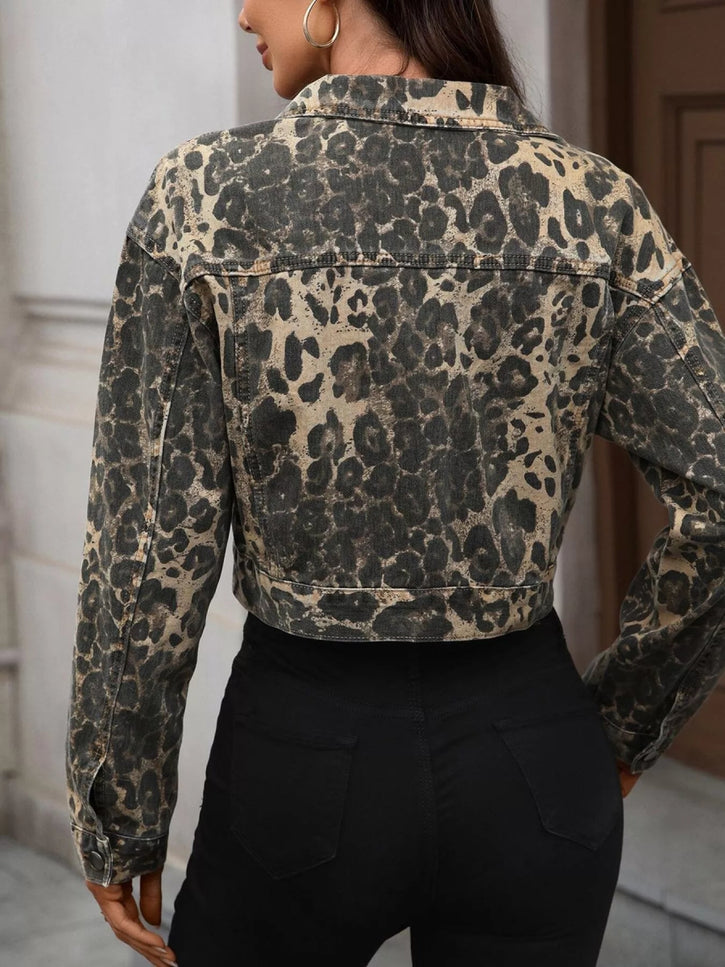 Leopard Button Up Cropped Denim Jacket - THE AMERICAN BLUE
