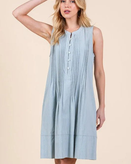 Lime 'N' Chili Denim Pintuck Detail Sleeveless Midi Dress - THE AMERICAN BLUE