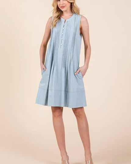 Lime 'N' Chili Denim Pintuck Detail Sleeveless Midi Dress - THE AMERICAN BLUE