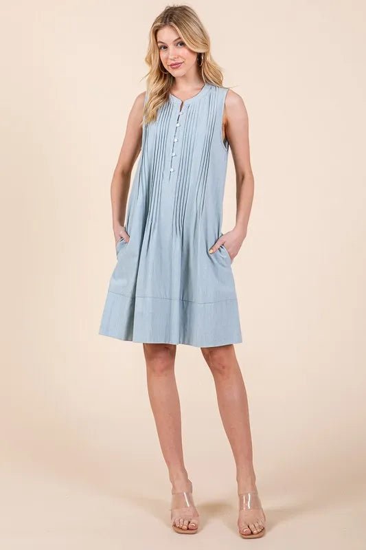 Lime 'N' Chili Denim Pintuck Detail Sleeveless Midi Dress - THE AMERICAN BLUE