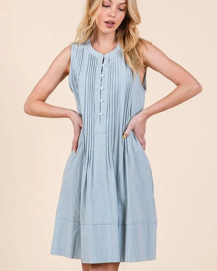 Lime 'N' Chili Denim Pintuck Detail Sleeveless Midi Dress - THE AMERICAN BLUE