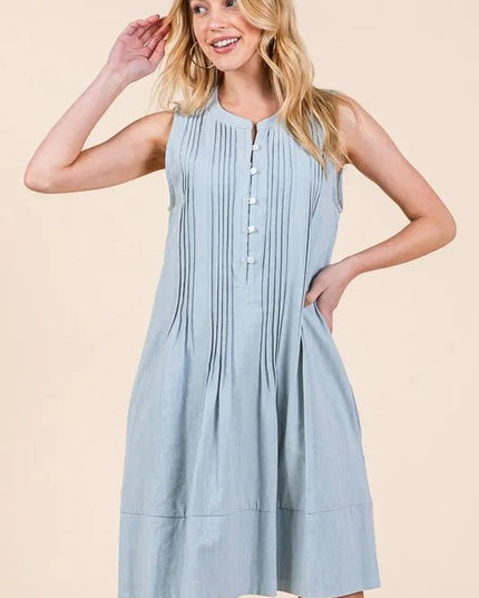 Lime 'N' Chili Denim Pintuck Detail Sleeveless Midi Dress - THE AMERICAN BLUE