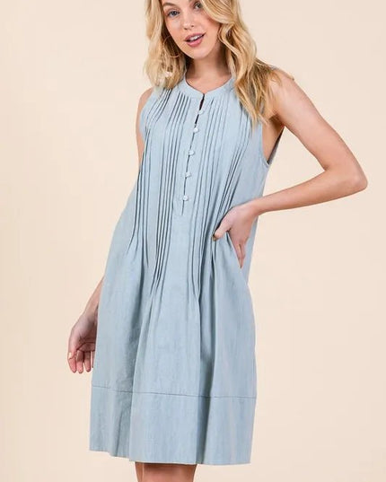 Lime 'N' Chili Denim Pintuck Detail Sleeveless Midi Dress - THE AMERICAN BLUE