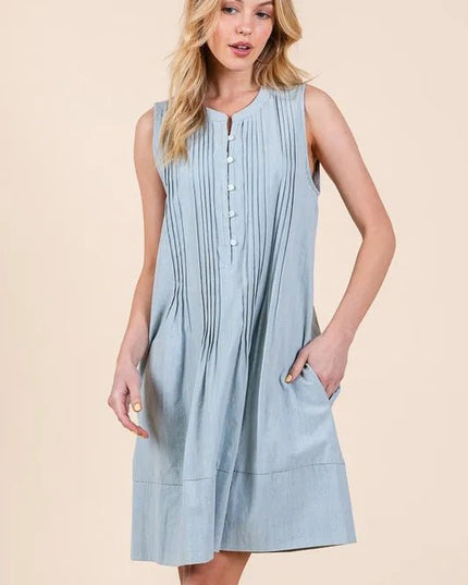 Lime 'N' Chili Denim Pintuck Detail Sleeveless Midi Dress - THE AMERICAN BLUE