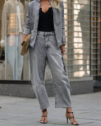 Long Sleeve Top and Wide Leg Jeans Denim Set - THE AMERICAN BLUE