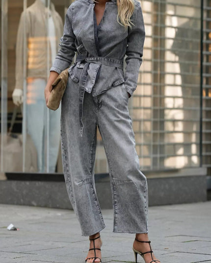 Long Sleeve Top and Wide Leg Jeans Denim Set - THE AMERICAN BLUE