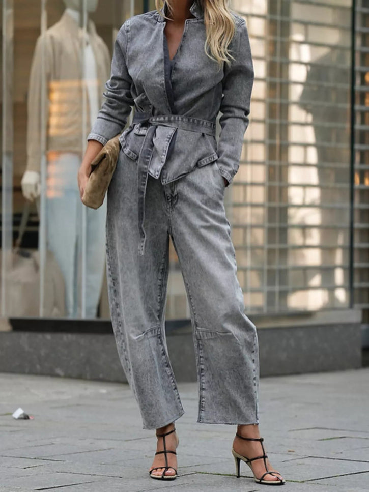 Long Sleeve Top and Wide Leg Jeans Denim Set - THE AMERICAN BLUE