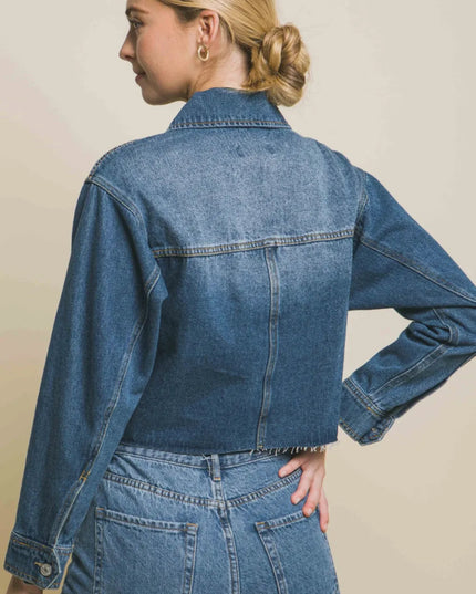 Love Tree Raw Hem Button Up Cropped Denim Jacket - THE AMERICAN BLUE